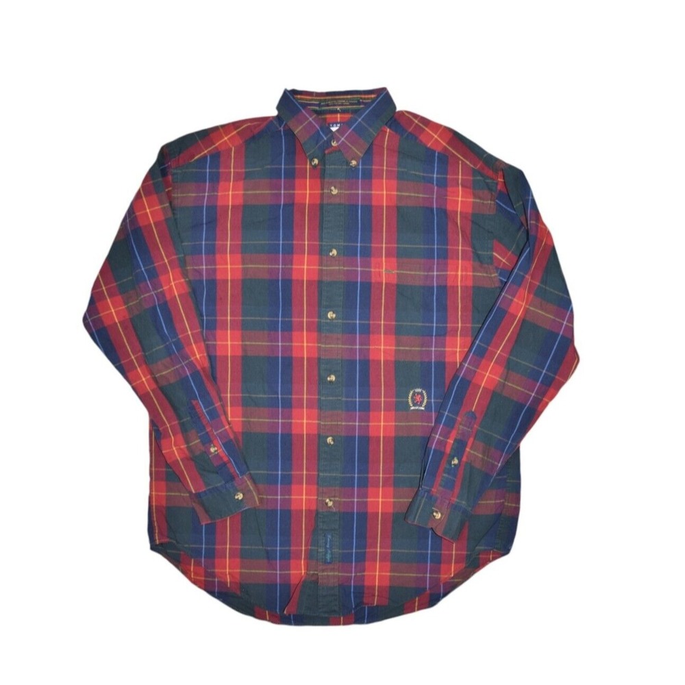Vintage Tommy Hilfiger Shirt Mens M Plaid Long Sleeve Button Down Crest Logo